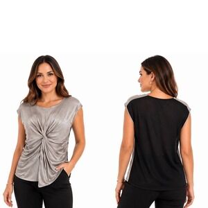 LOFT Silver‎ Black Twist Front Knit Top Short Sleeve Scoop Neck  S Preppy 49-32